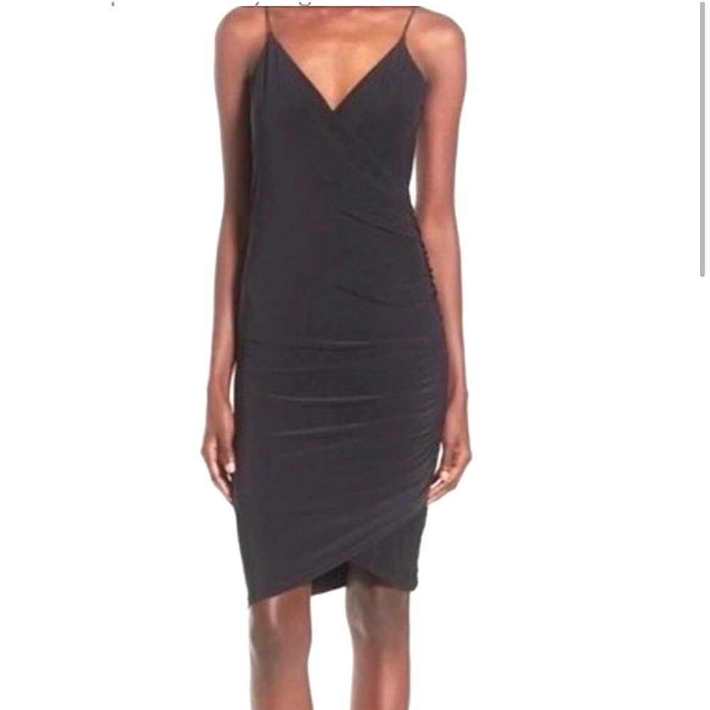 Leith spaghetti strap rouched bodycon little black dress